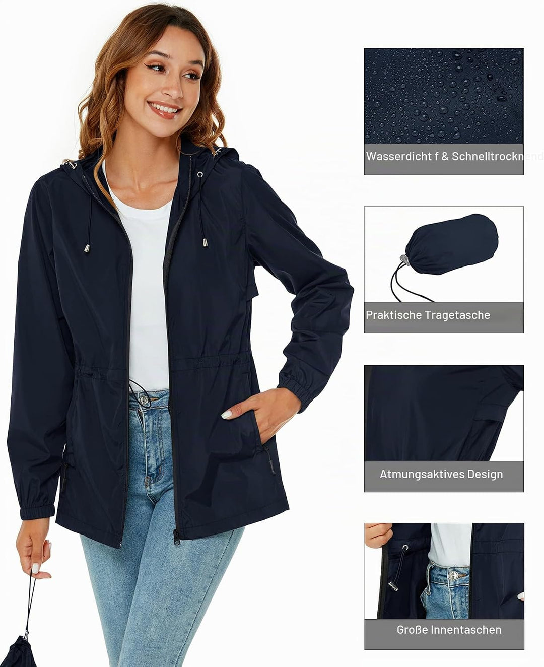Rapbin Regenjacke Damen Wasserdicht Atmungsaktiv Leicht Outdoorjacke Windbreaker Packbare Regenmante