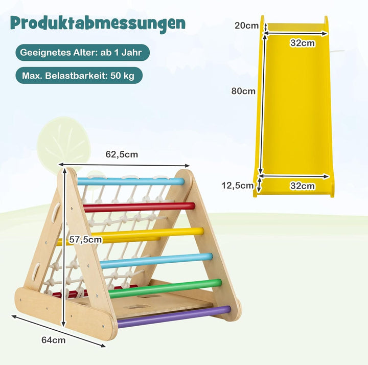 DREAMADE 4 IN 1 Kletterdreieck mit Rutsche und Kletternetz, Holzdreieck Kletterspielzeug aus Holz, I