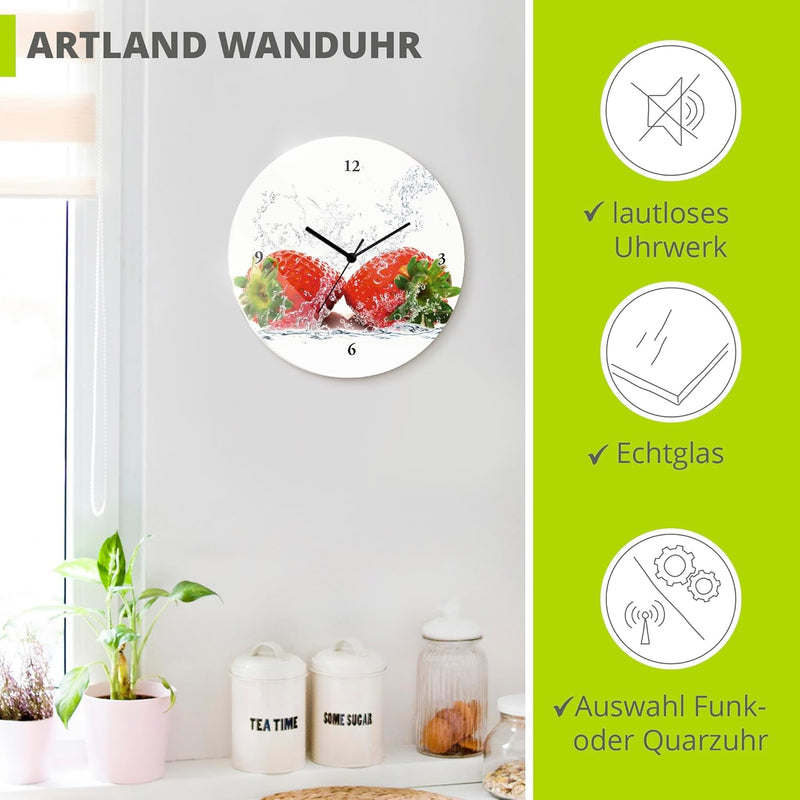 ARTLAND Wanduhr ohne Tickgeräusche Glas Quarzuhr Ø 30 cm Rund Lautlos Obst Früchte Erdbeere im Wasse