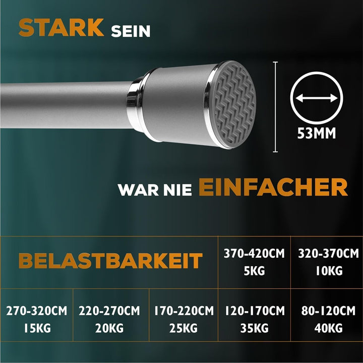 Teleskopstange zum Klemmen 320-370cm, Grau, Ø 32 mm, Klemm Gardinenstange ohne Bohren - Vorhangstang