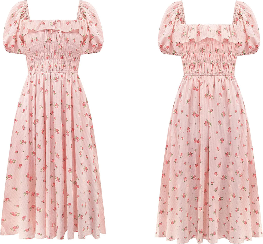 R.Vivimos Damen Casual A-Line Print Vierkant Puff Ärmel Kleid Saum Hohe Taille Midi Fitted Kleid Ber