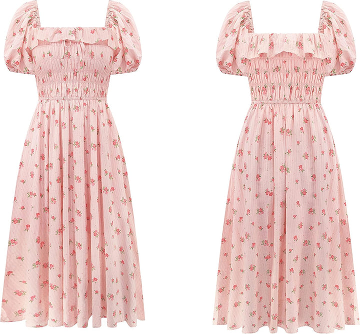 R.Vivimos Damen Casual A-Line Print Vierkant Puff Ärmel Kleid Saum Hohe Taille Midi Fitted Kleid Ber