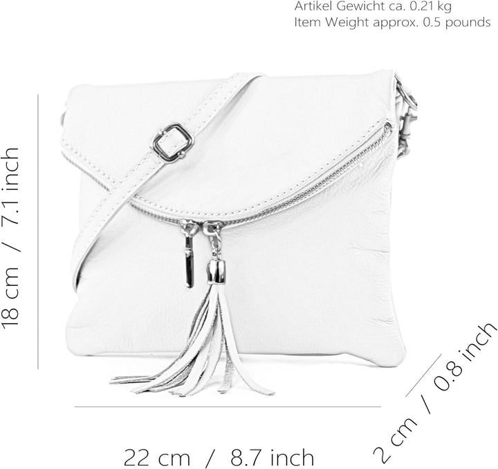modamoda de - T139 - ital Umhängetasche Klein aus Nappaleder Weiss/Cognac2021, Weiss/Cognac2021