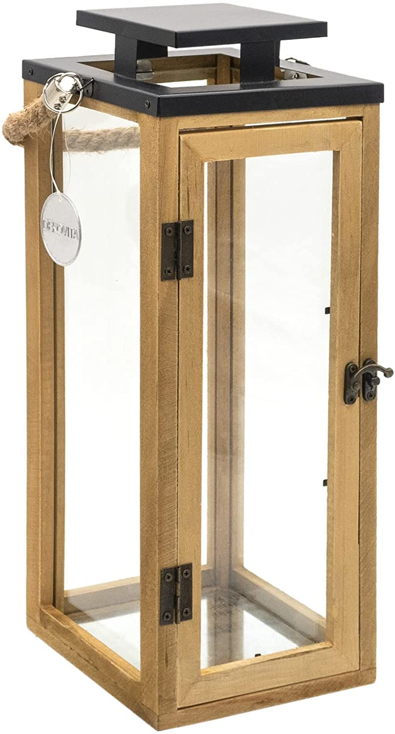 Dekovita 42cm Holz-Laterne - Gartenlaterne mit Glas-Scheiben und Kordel-Henkel - Windlicht Deko-Late