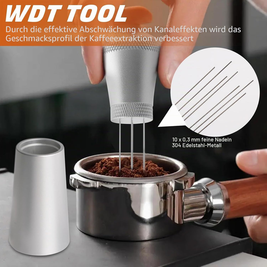Kaffee Tamper 54mm Set, Aufgerüstet Espresso Tamper set inkl. WDT Tool, Dosierring 54mm, Puck Screen