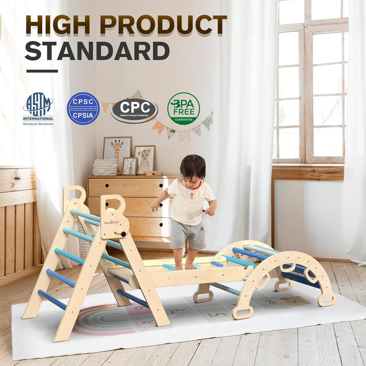 BlueWood 7-in-1 Montessori Kletterdreieck mit Kletterbogen und Rutsche, Holzdreieck für Kleinkinder,