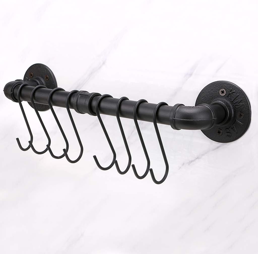 BTSKY 40 cm industrielles Rohrpfannenregal mit 8 Haken – Wandmontage, Küchenutensilien, Kochgeschirr