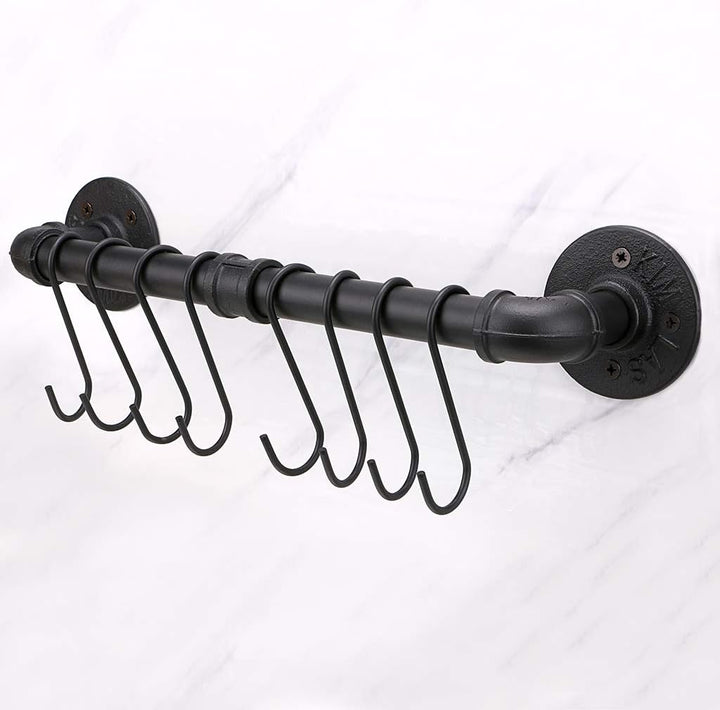 BTSKY 40 cm industrielles Rohrpfannenregal mit 8 Haken – Wandmontage, Küchenutensilien, Kochgeschirr