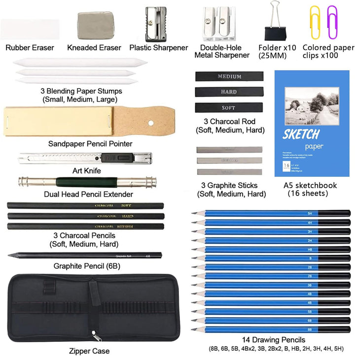 145 Stück Bleistifte Skizzierstifte Set, Zeichenstift-Set Skizzieren Zeichnen Zeichenset Profi Art S