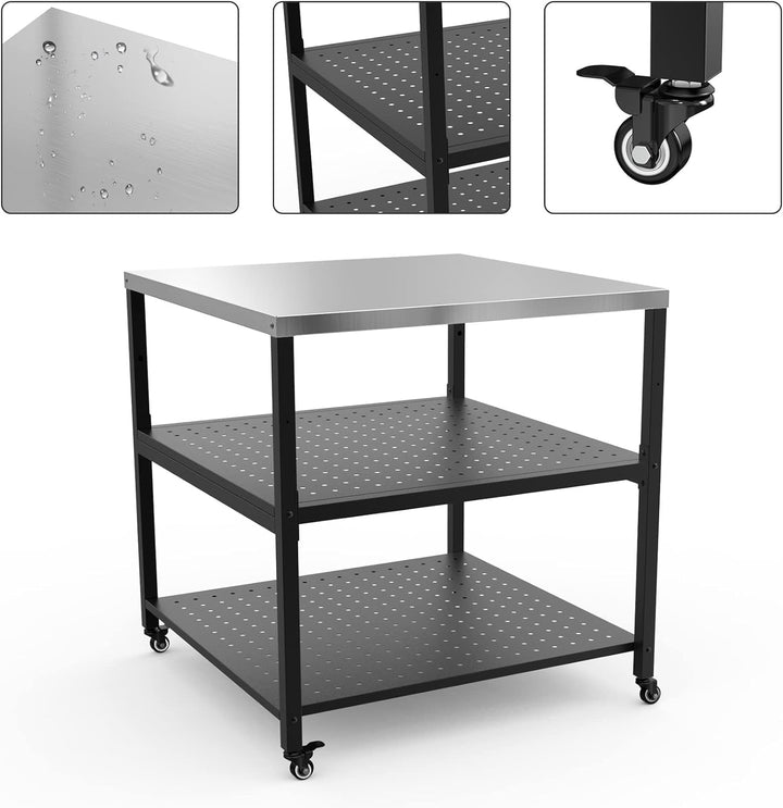 Onlyfire Robuster Pizzatisch, Grilltisch Servierwagen Outdoor mit Edelstahloberfläche und 4 Rollen,