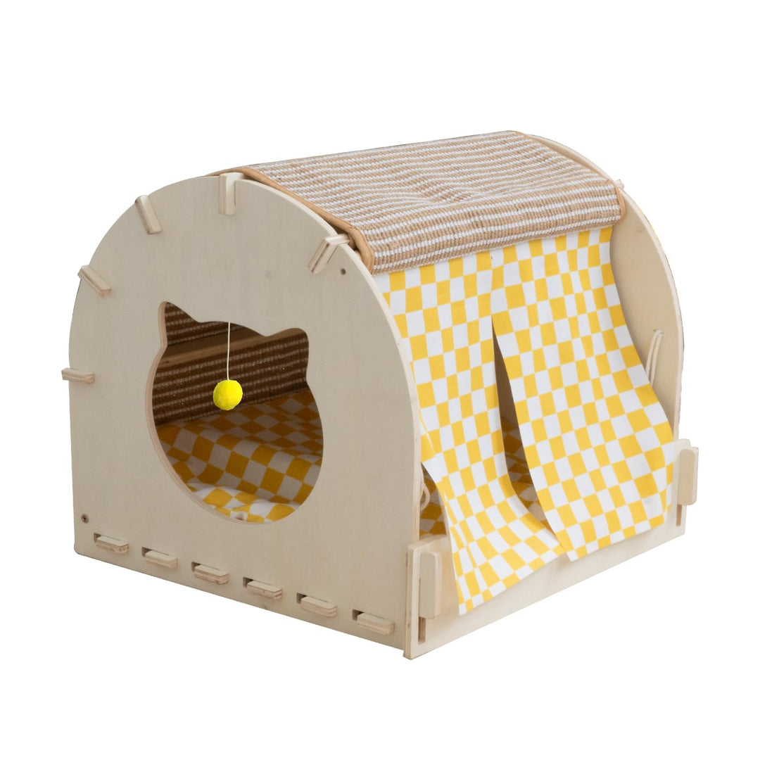Katzenhaus aus Holz, 2-in-1 Katzenhaus mit Kratzbrett, Haustierhäuser, Katzenhöhle mit Kissen, Katze