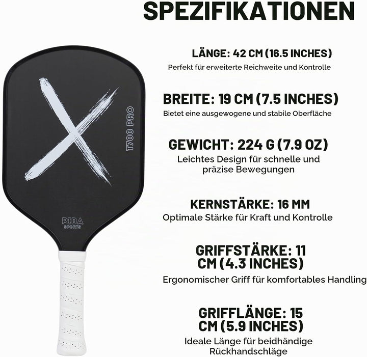 PRO Pickleball Schläger – T700 Carbon, 16mm Honeycomb, Angeraute Oberfläche für Top Spin, Verlängert