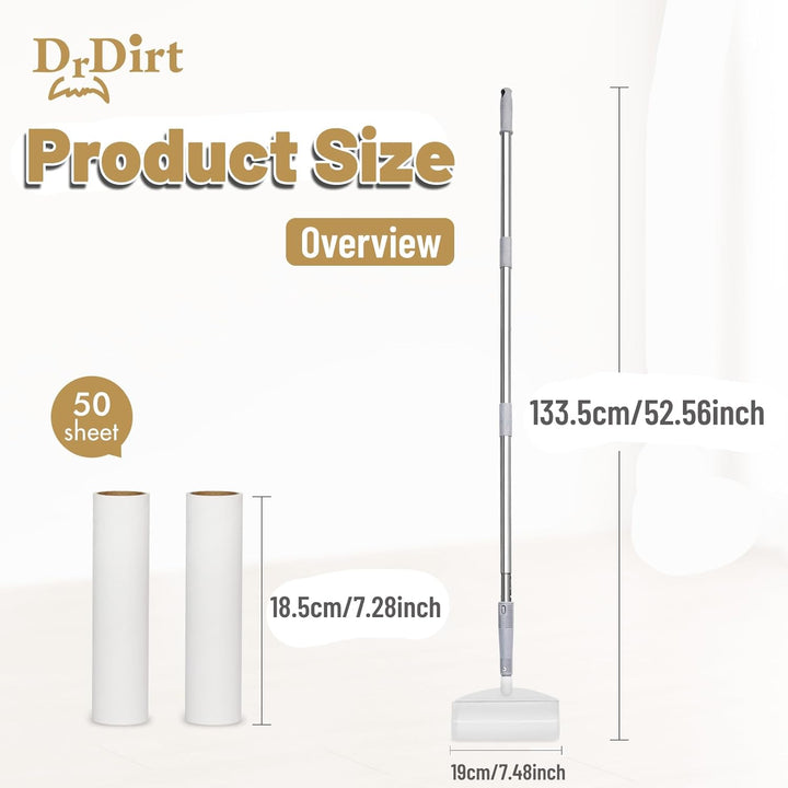 DrDirt 2-in-1-Fusselrolle mit langem Griff, 18 cm breit, klebrige Rolle mit 50 Blatt pro Rolle, entf