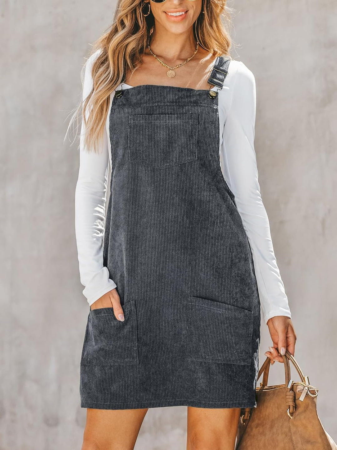 CUPSHE Damen Latzrock Quadratischer Ausschnitt Hosenträger Taschen Cord Latzkleid Overallkleid Freiz