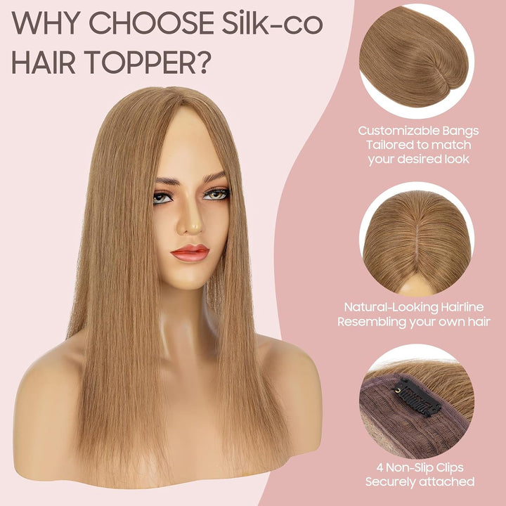 Silk-co Hair Topper Echthaar, 10x12cm Basis Toupet Damen, Haartopper Echthaar mit Remy Seide Basis,
