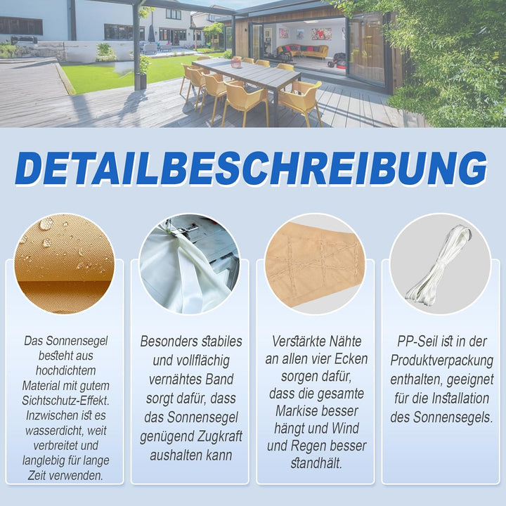 Sunnylaxx Sonnensegel 3x5m Sand,Wasserabweisend,95% UV-Schutz,für den Aussenbereich,Garten 3x5 Sand,