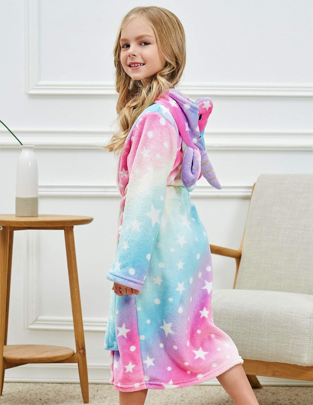 Piefry Weicher Einhorn-Bademantel mit Kapuze für Mädchen mit Einhorn-Pantoffeln, Augenbinde und Stir