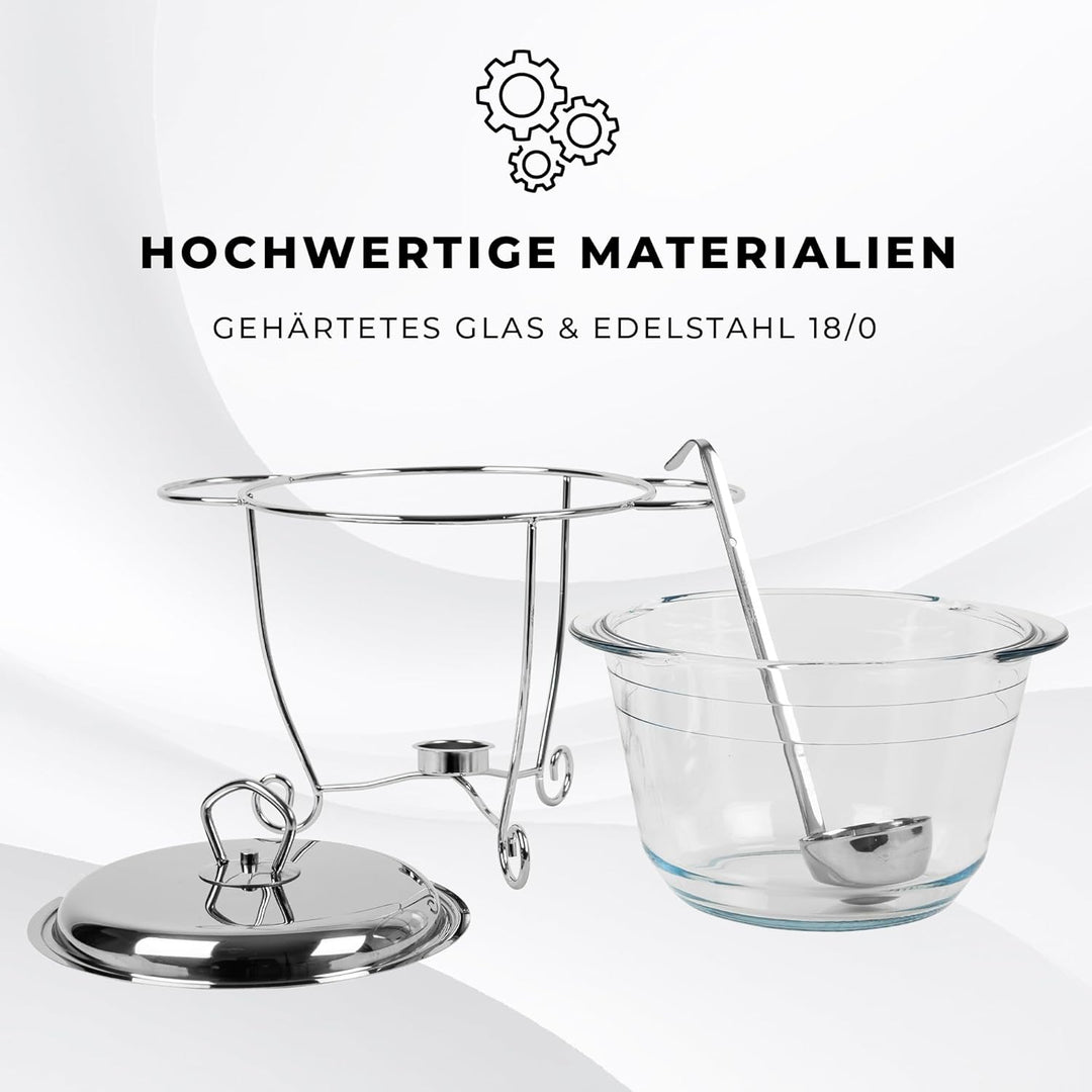 Wärmebehälter für Speisen mit Glaseinsatz - 3.9L - Teelicht Warmhalteplatte - Edelstahl Gestell und