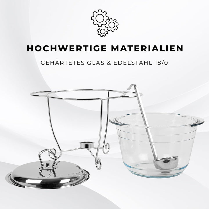 Wärmebehälter für Speisen mit Glaseinsatz - 3.9L - Teelicht Warmhalteplatte - Edelstahl Gestell und