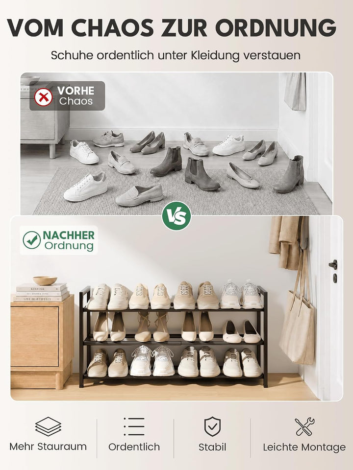 Bumusty Schuhregal 3 Etagen Ausziehbar, 45 bis 83 cm Verstellbar Metall Schuhablage, für kleine Räum