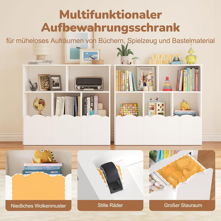 YOUDENOVA 3 Tier Kinderregal, Bücherregal, Kinderzimmer Möbel, Spielzeug Aufbewahrung auf Rollen, 10
