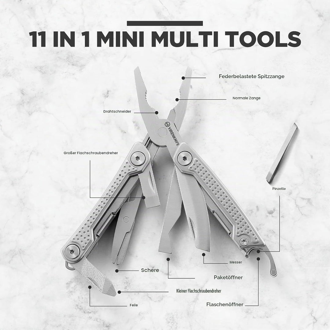 VIRENKNIFE Multitool, 11-in-1 Mini EDC Multitool, Geschenk für Männer, Multifunktionszange aus Edels