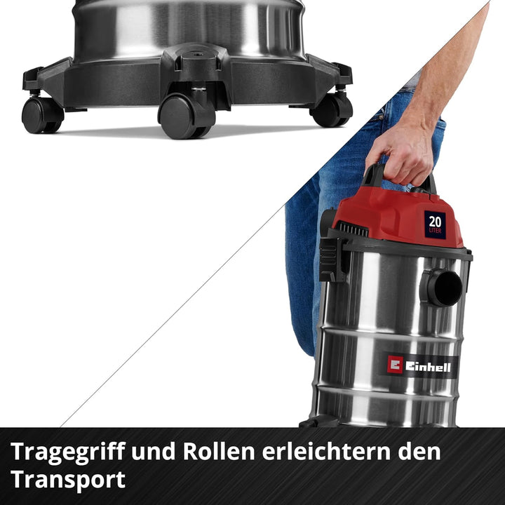 Einhell Nass-Trockensauger TC-VC 2045 S (900 W, 180 mbar Saugleistung, 20 L Edelstahlbehälter, Rolle