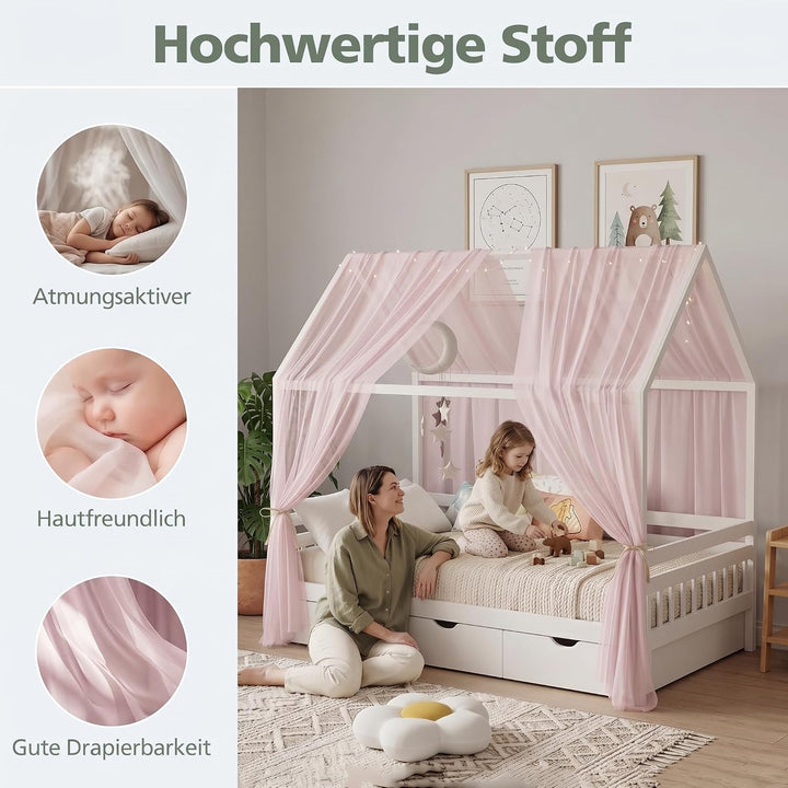 Hausbett Himmel 2er Set – Kinderbett Vorhänge für Hausbett, Montessori Kinderzimmer Deko, Betthimmel