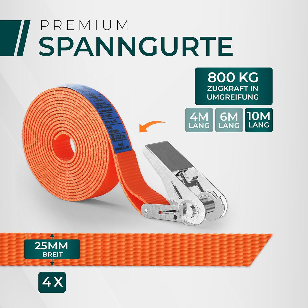 CargoVA® Robuste 800kg Spanngurte [4er Set] - TÜV/GS Zertifiziert & DIN - Vielseitig Einsetzbar - 25