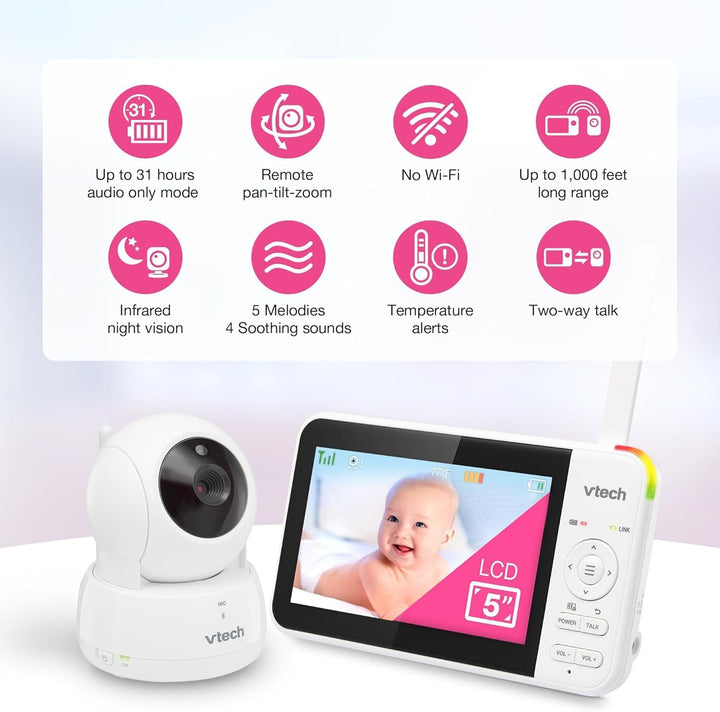 Vtech VM924 Babyphone mit Kamera 5 Zoll Video Baby Monitor, 31 Stunden Akkulaufzeit Babyfon mit Kame