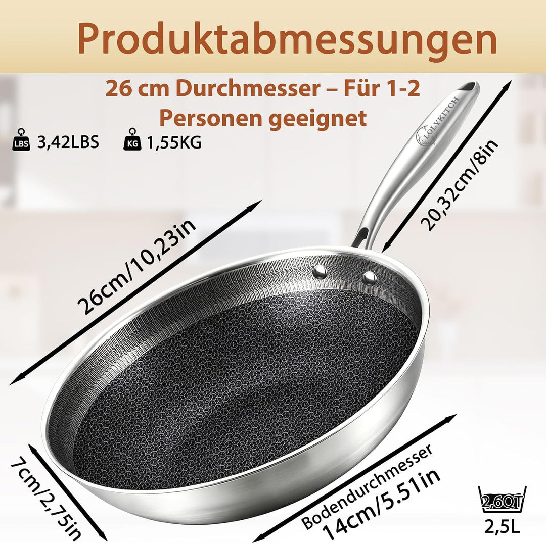 LOLYKITCH Wokpfanne 26 cm mit Deckel, Hybrid-Wok mit Wabenstruktur 26cm Stielgriff, 26cm Stielgriff