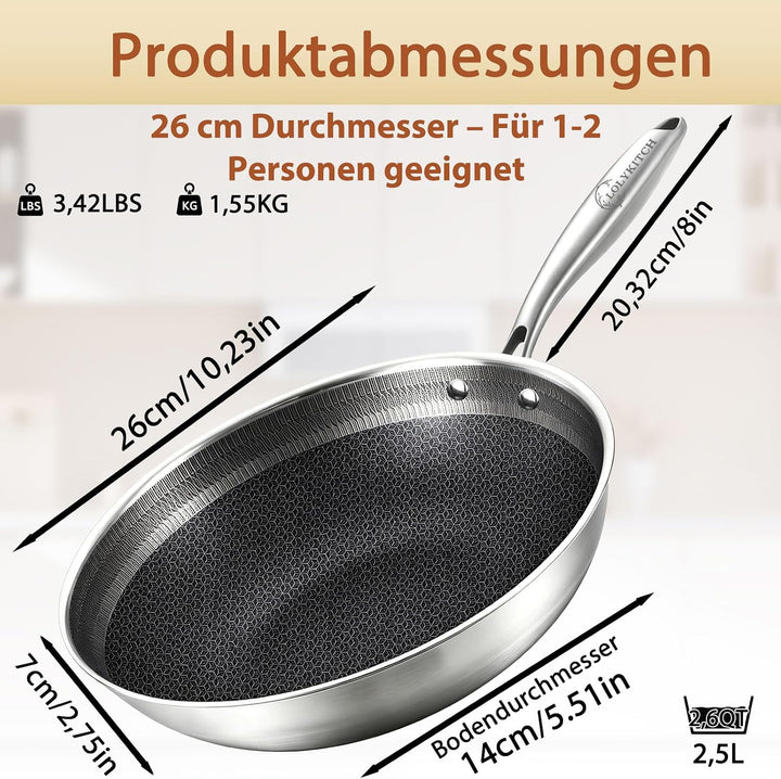 LOLYKITCH Wokpfanne 26 cm mit Deckel, Hybrid-Wok mit Wabenstruktur 26cm Stielgriff, 26cm Stielgriff