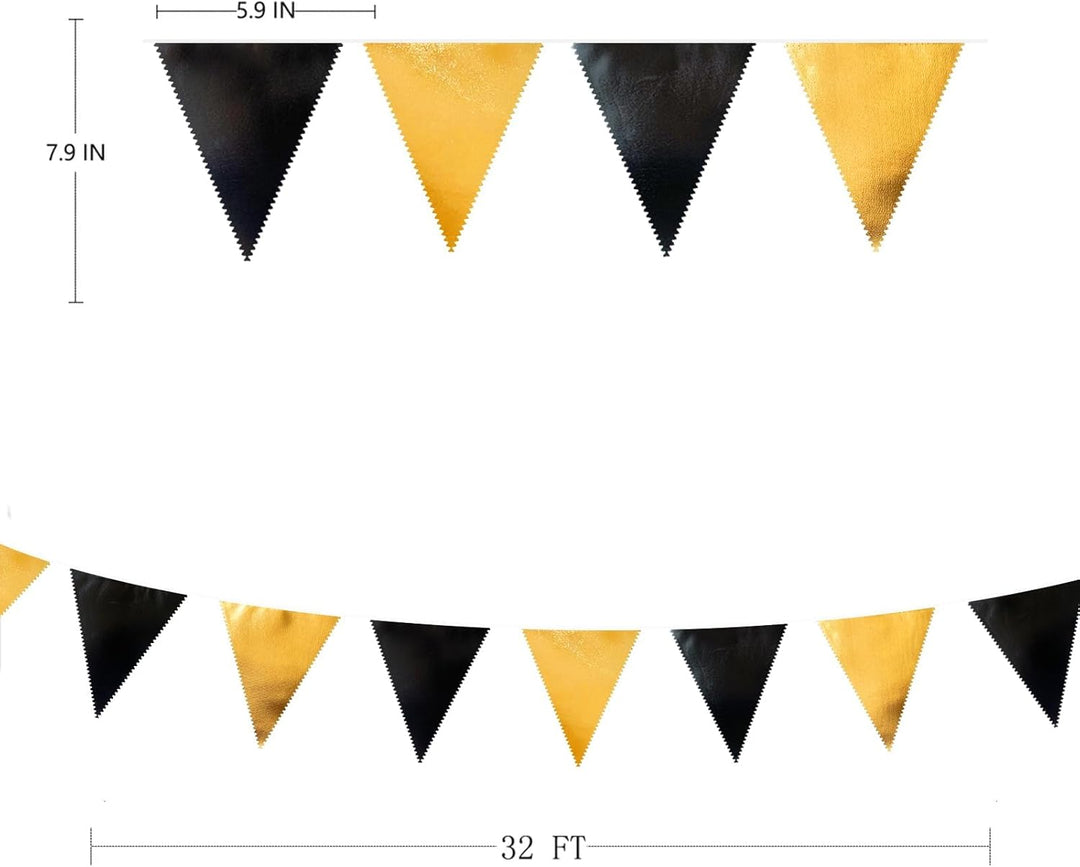 32Ft Schwarz-Goldene Partydekorationen Flagge Wimpelkette Metallischem Stoff Girlande für Geburtstag