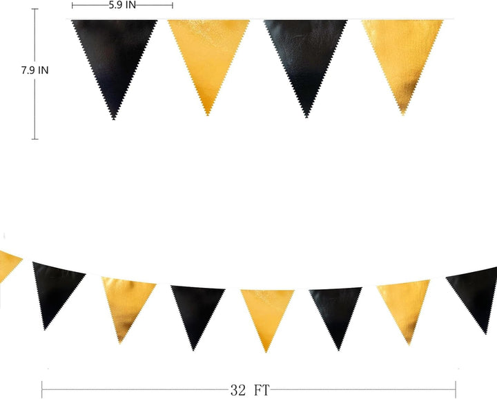32Ft Schwarz-Goldene Partydekorationen Flagge Wimpelkette Metallischem Stoff Girlande für Geburtstag