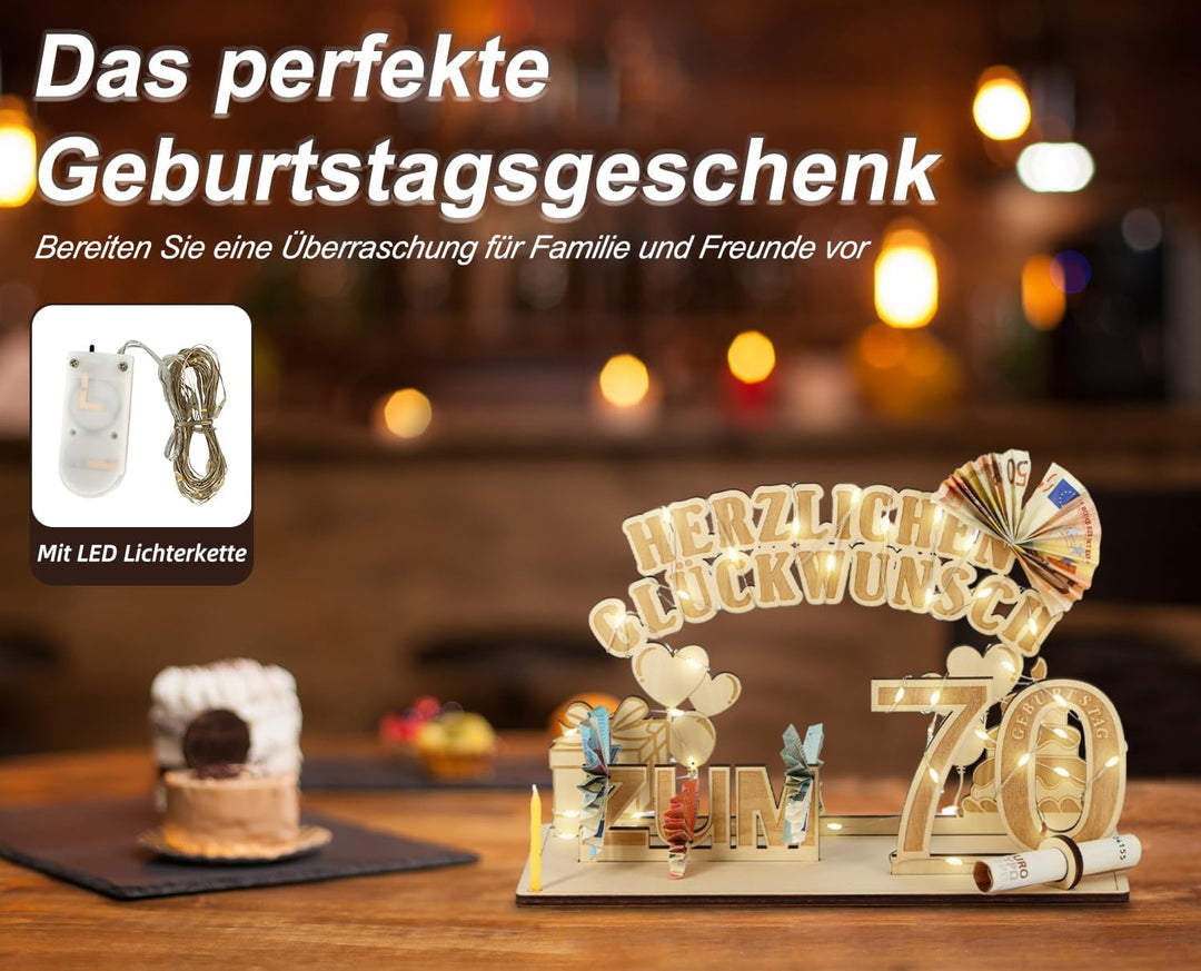 Giftota Original 70. Geburtstag Geldgeschenke Holz mit LED Lichterkette, Geschenke zum 70 Geburtstag