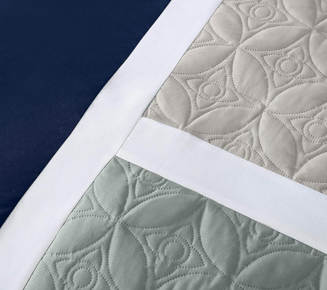 Chezmoi Collection Upland Steppdecken-Set, 7-teilig, Marineblau/Blau/Grau Full Marineblau/Blau/Grau,