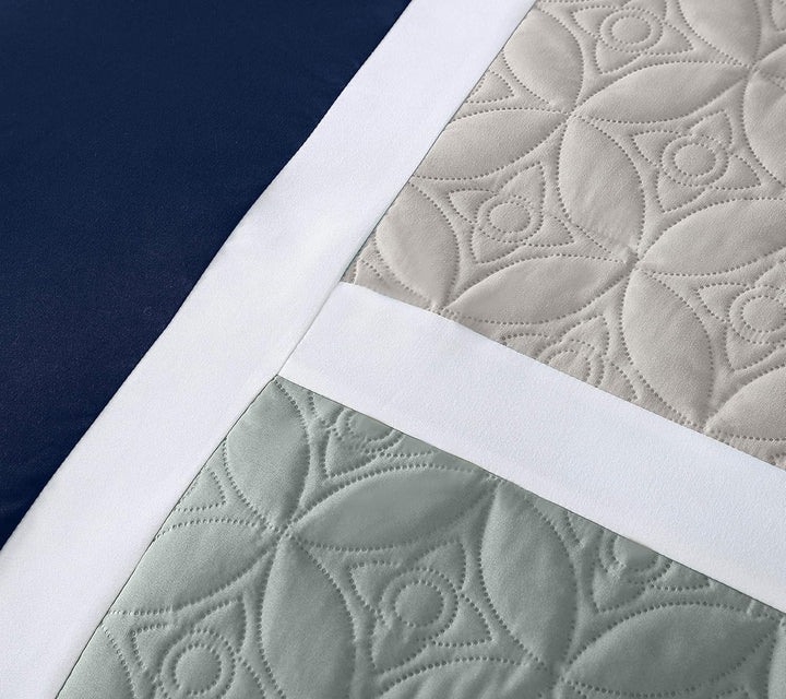 Chezmoi Collection Upland Steppdecken-Set, 7-teilig, Marineblau/Blau/Grau Full Marineblau/Blau/Grau,