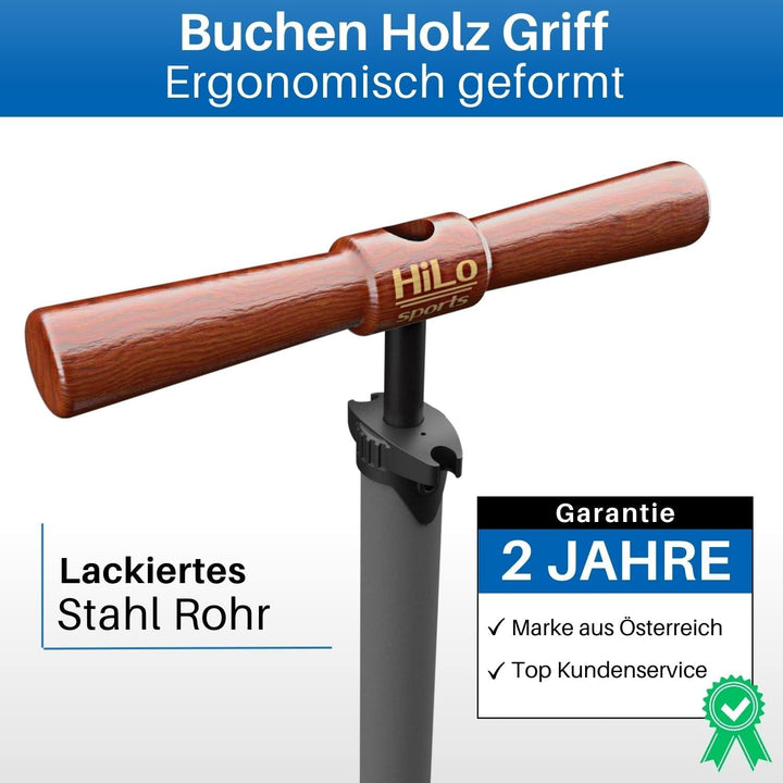 HiLo sports Fahrrad Standpumpe bis 11 bar - [Passt für alle Ventile] - Standluftpumpe mit Holz Griff