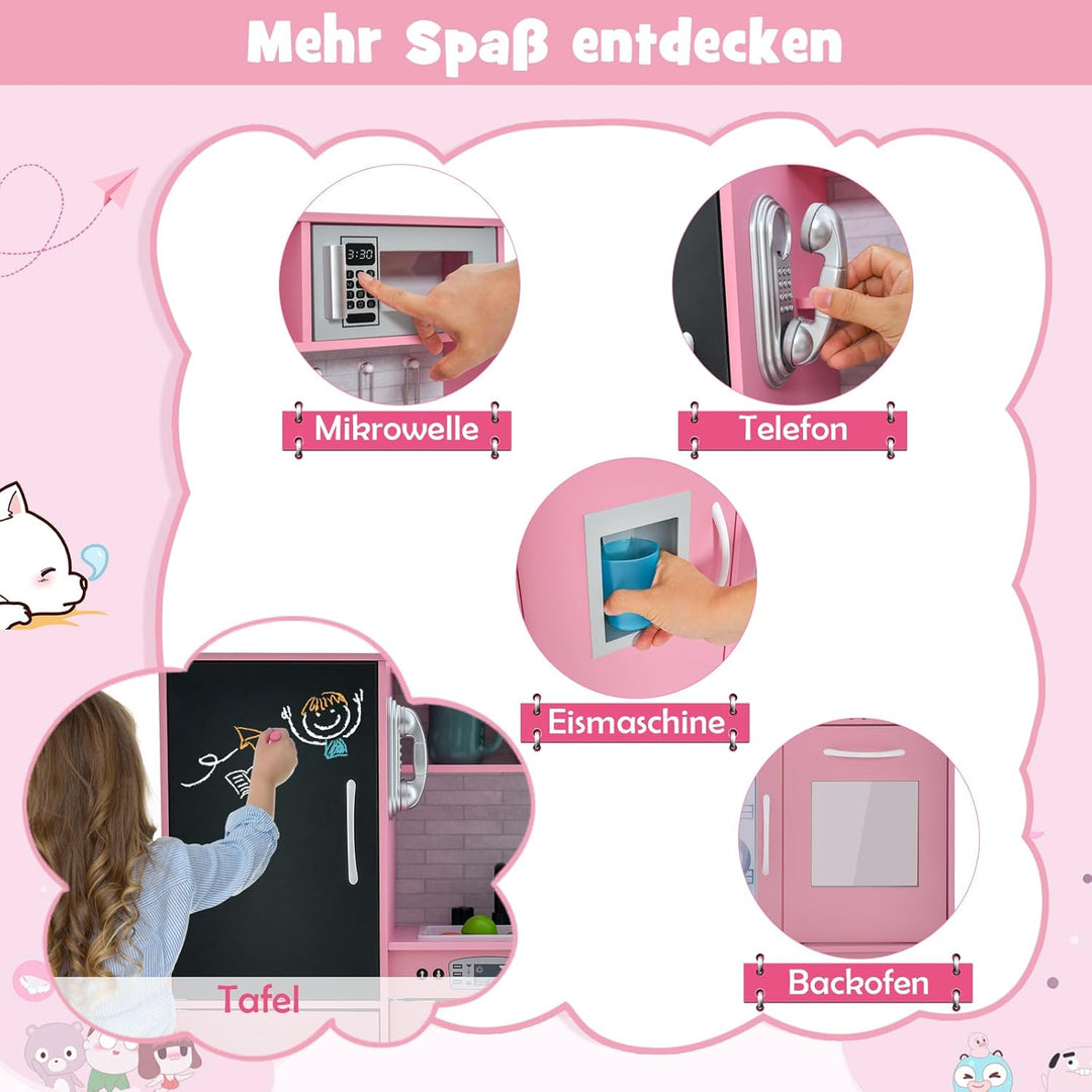 DREAMADE Kinderküche Holz mit Zubehör, Kinderspielküche Holzküche mit Herd Geschirrspüler Eismaschin