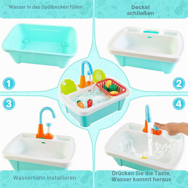 deAO Kinderwaschbecken mit echtem Wasser – Spielküche mit Spüle und Zubehör, Lernspielzeug für Kinde