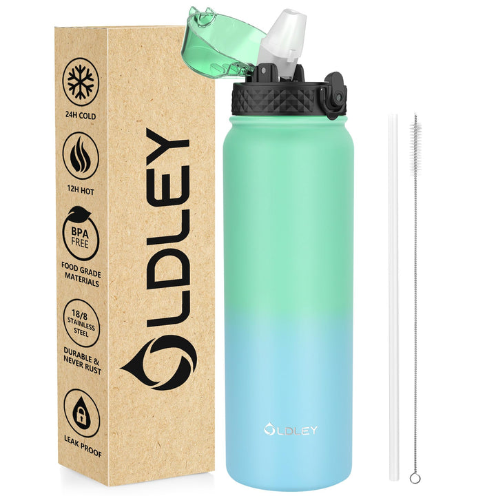 OLDLEY Edelstahl Trinkflasche mit Strohhalm, 1L Isolierte Trinkflasche, Thermosflasche BPA-freie - A