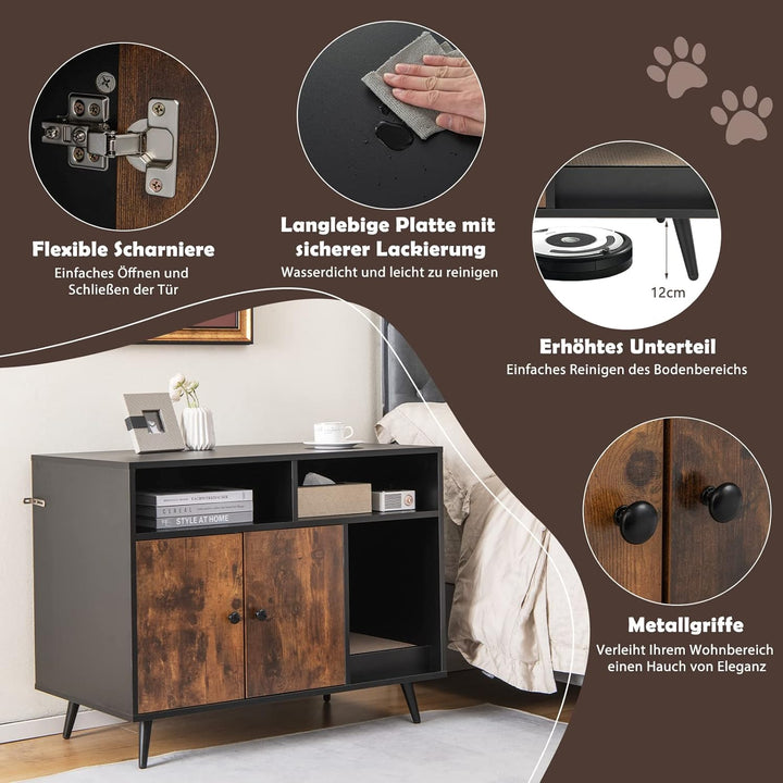 COSTWAY Katzenschrank für Katzentoilette, Katzenklo Schrank mit Kratzbrett, Doppeltüren, 2 offenen F