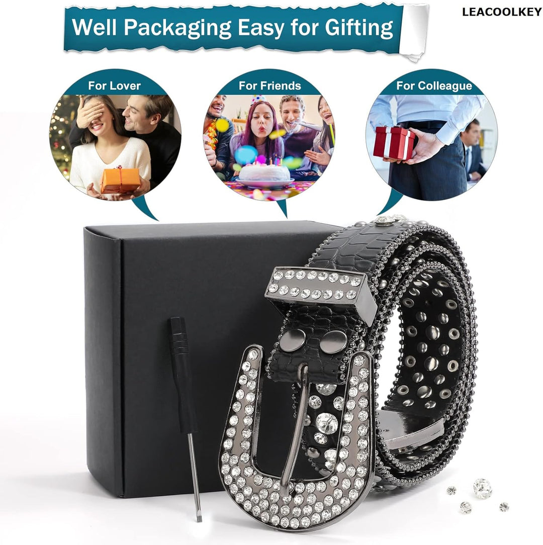 LEACOOLKEY Damen Männer Mode Strass Gürtel, Western Cowgirl Nieten Punk PU Ledergürtel für Jeans XL: