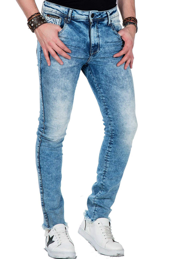 Cipo Baxx Herren Used Jeans Hose Frayed-Legs Slim Fit Design Hose Blau W42 L34