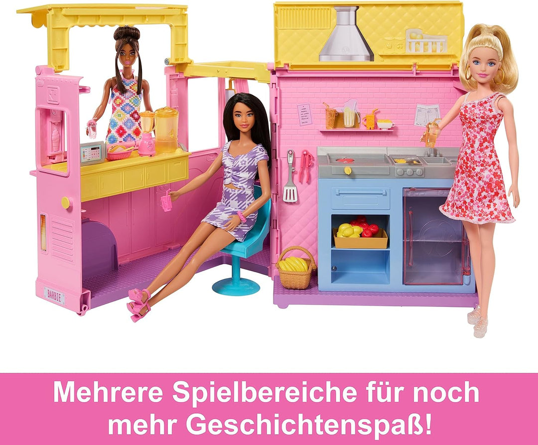 BARBIE Limonadenmobil - Süsser Truck mit Zubereitungsbereich und Essplatz, umwandelbar für heisse So