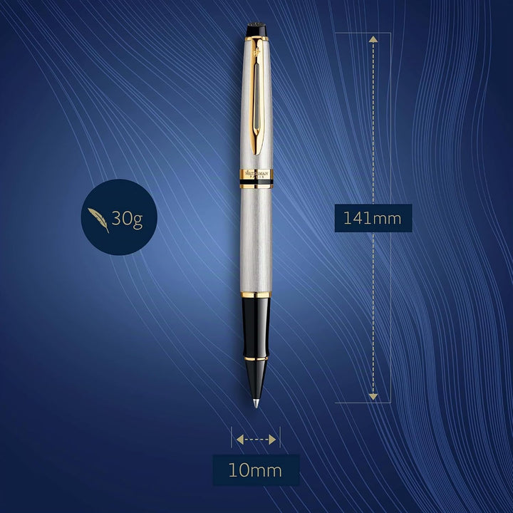 Waterman Expert Tintenroller | Edelstahl | Zierteile aus 23 K Gold| feine Spitze | Schwarz | Geschen