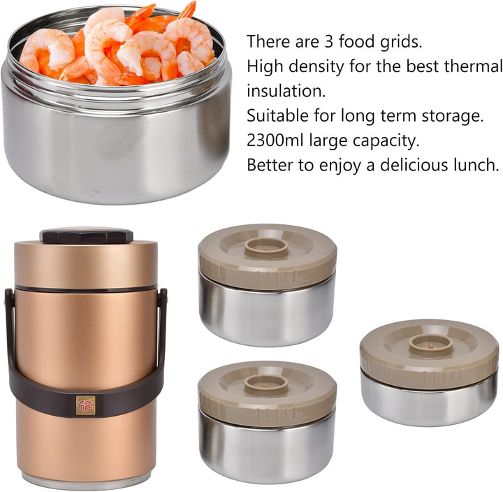 2.3L Edelstahl Isolierbare Lunchbox 3 Schichten Vakuum Isolierter Lebensmittelbehälter Auslaufsicher