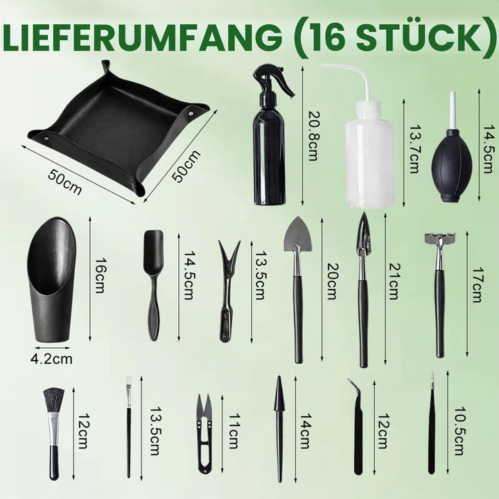 Bonsai Werkzeug Set 16 Stück, Sukkulenten-Werkzeuge mit Umtopfmatte, Setzlingsheber &amp; Pflanzen Zubeh