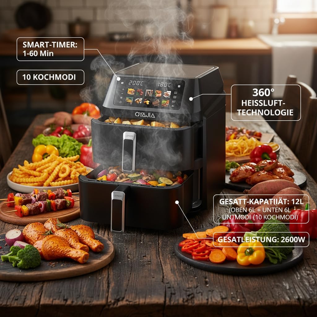 Airfryer, Heissluftfritteuse 2 Kammern, 12 L Heissluftfritteuse, Innovative Mehrfach-Luftgeschwindig