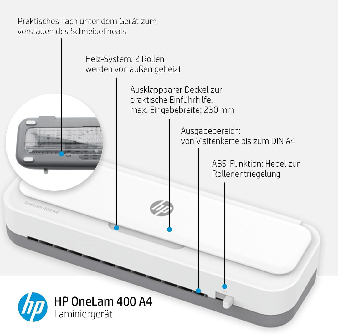 HP OneLam 400 A4, Laminiergerät, 75/80 - 125 Micron, inklusive Schneidelinieal, Eckenabrunder und La
